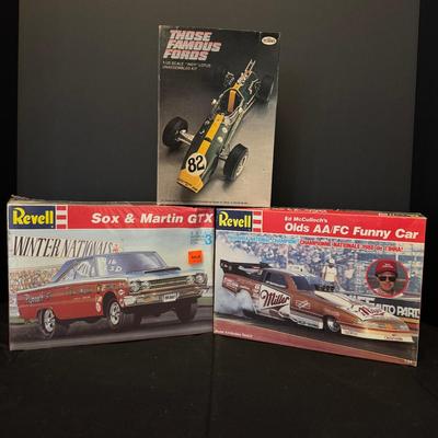 Lot of 3 Vintage Model Car Kits – Revell & Testors (Drag Racing & Indy Car)