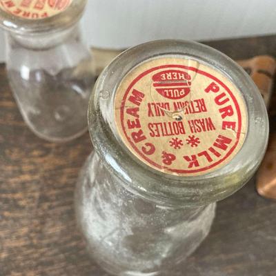Lot of Vintage Dairy Bottles and Copper Cowbells