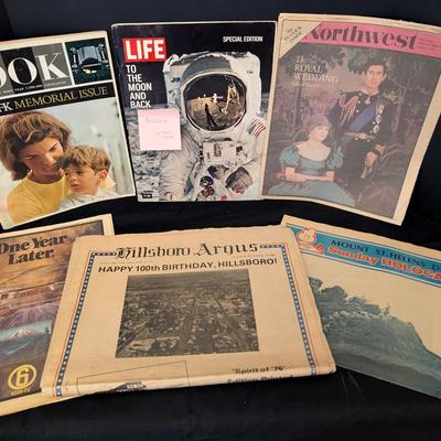 Lot: Vintage Historic Magazines & Newspapers Collection JFK, Moon Landing, Mt St Helens
