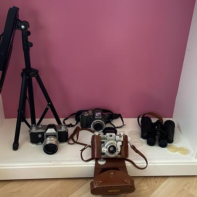 Olympus, Kodak 35, Pentacon Cameras + Tripod And Binoculars 