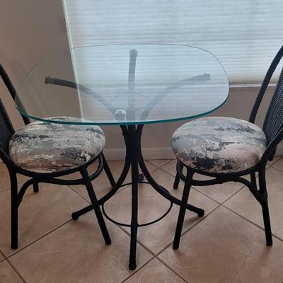 Wicker Glass Top Table with 2 Padded Chairs