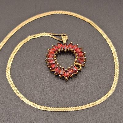 24" 14k Yellow Gold Necklace & Heart Shaped Pendant Garnet Stones