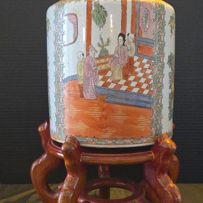 Large Hand-Painted Porcelain Ginger Jar W/Stand