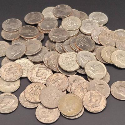 75 Kennedy Half Dollar Coins Mostly Late 60s to 70s Some 80s & 90s 