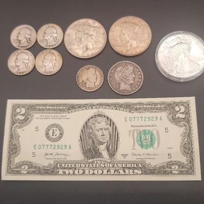 1 Oz. American Eagle, 2 1922 Peace Dollars, 1901 Barber Half Dollar, 2 Dollar Bill and More