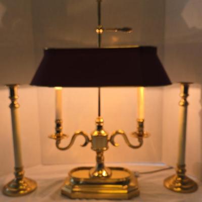 Mid-20th Century Brass Two-Arm Bouillotte Lamp & 2 Brass & Enamel Candle Sticks