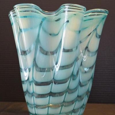 Royal Gallery Handblown Swirl Ruffled Vase Aqua