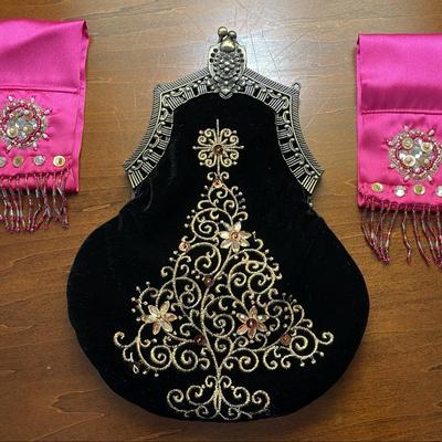 Black Velvet Embroidered Handbag and Fancy Beaded Cuffs