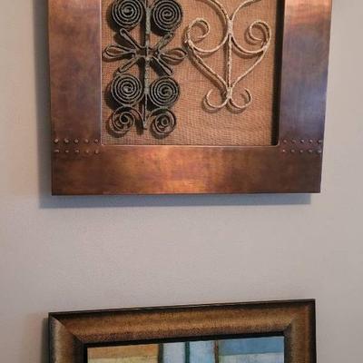 Two Piece Wall Art Decor Lot Copper, Metal, Fabric & Wood 
