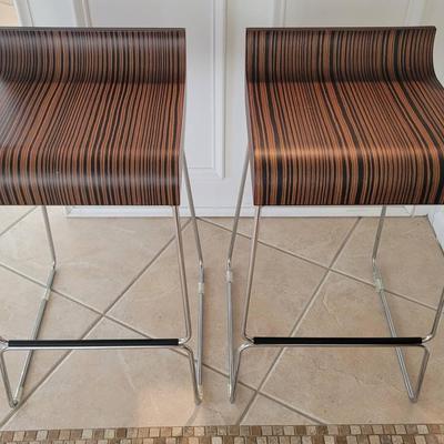 Two Calligaris Itailian Chrome & Zebrano Finished Wood Bar Stools