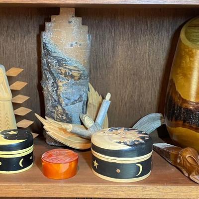 Tribal-Inspired Carving & Vessel Lot – Wood, Clay & Decorative Boxes