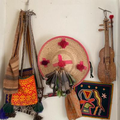 Ethnic Folk Art Lot – Woven Bags, Sombrero, Feathers & Tribal Wall Décor Instrument