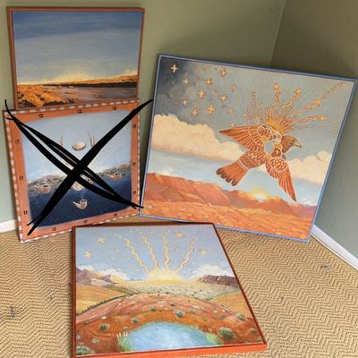 Vintage Southwestern Symbolist Art – Sun, Landscape, and Cosmic Bird Paintings