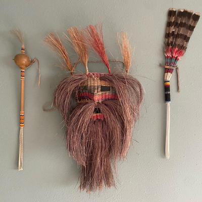 Ethnic Handmade Straw Mask Tribal-Inspired Wall Décor – Woven Mask, Feather Fans & Rattle