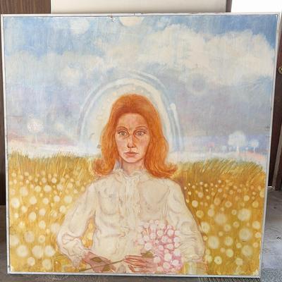 XXL 49" x 49" Wood Frame Original Farmgirl Portrait Painting