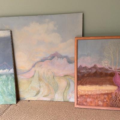 Lot 3 Large Original Surrealist Nature Paintings 