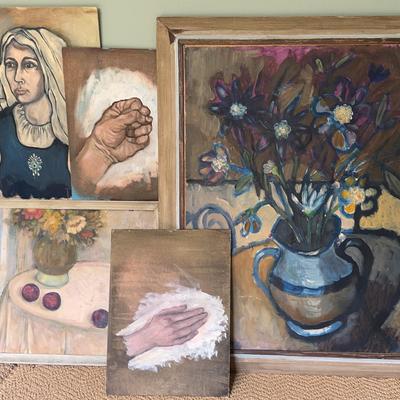 Lot 5 Original Paintings Flowers Vintage Floral Still Life Paintings – Soft Pastel & Modernist Style