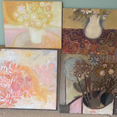 Lot 4 Vintage Floral Portrait and Botanical Landscape Paintings – Original Canvas Art