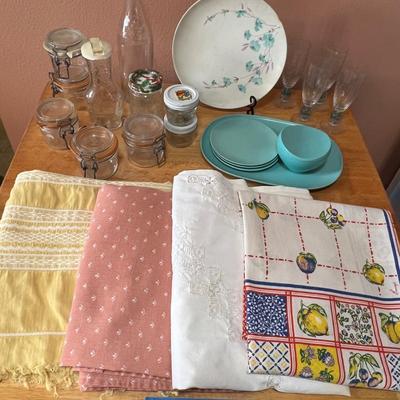 Vintage Kitchen Lot – Glassware, Aqua Teacups, Plates & Table Linens