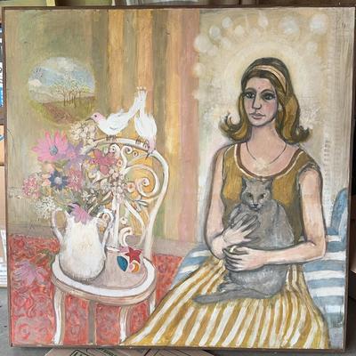 XXL 49" x 49" Framed Original  Large Figurative Painting – Woman with Cat, Flowers & Doves