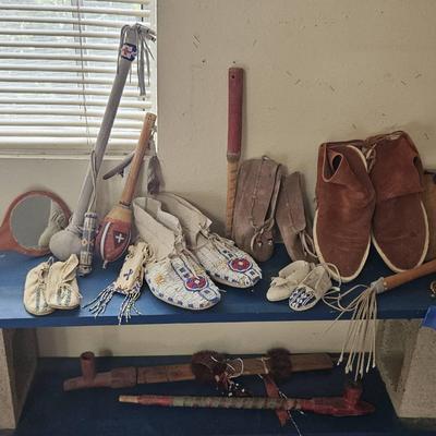 Vintage Handmade Native American Style Artifacts – Beaded Moccasins, Pipes, Rattles & Tribal Gear