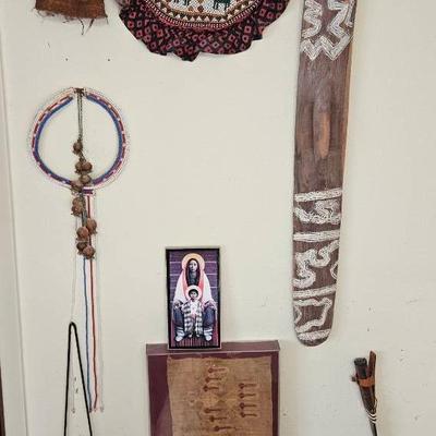 Vintage Handcrafted Native Tribal Wall Art Collection–Beaded Textile, Carved Panel, Doll & Folk Icon