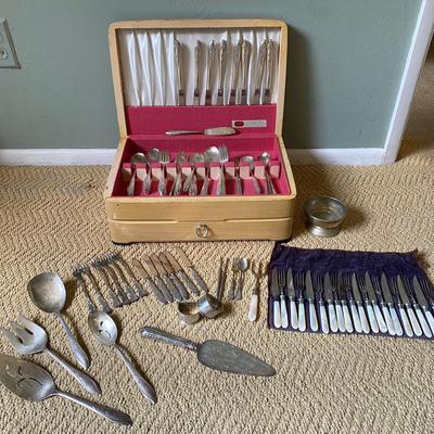 Collection Of Plated Silver Silverware & Mother Of Pearl Flatware Set with Wooden Cas