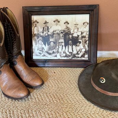 Men’s Leather Cowboy Boots and Wool Adventure Hat Western Lot including Vintage Cowboy Photograph
