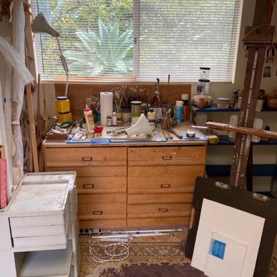 Painters Desk, Easel, & Supplies Artist’s Studio Lot – Vintage Supplies, Easel & Storage Drawers