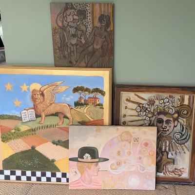 Lot 4 Original Figurative & Surrealist Paintings – Vintage Modern Art Lot