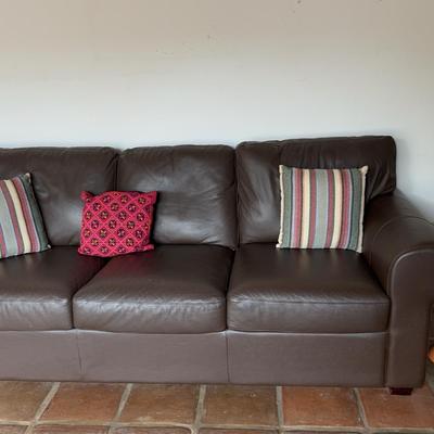 Brown Leather Sofa & Lamp