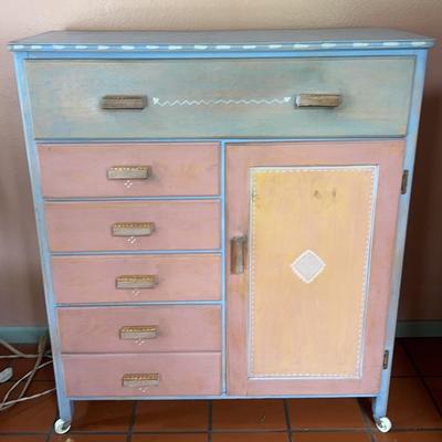 Wooden Hand-Painted Southwest Style Cabinet with Drawers & Door used in Kitchen