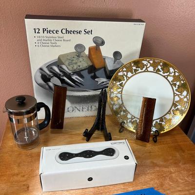 Entertaining Essentials Kitchen & Dining Lot – 12pc Cheese Set, French Press, Gold Trim Plate & More