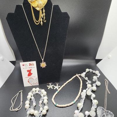 Nautical Seashore Theme Jewelry: Gold Brooch, Pearls, Necklaces, Earrings