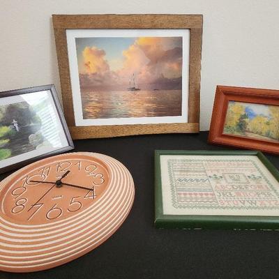 6 Piece Decor: Framed Prints, Wall Clock, Mirror - Zen Garden, Landscape, Sailing Boat, Sampler