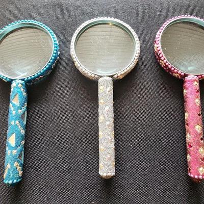 Set Of (3) Bejeweled Magnifying Handheld Glasses, Blue, Silver/Gold, Pink