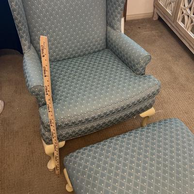 High Backed Blue Upholstered Chair And Ottoman