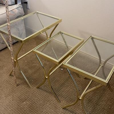Set Of 3 Glass End Tables With Gold Trim