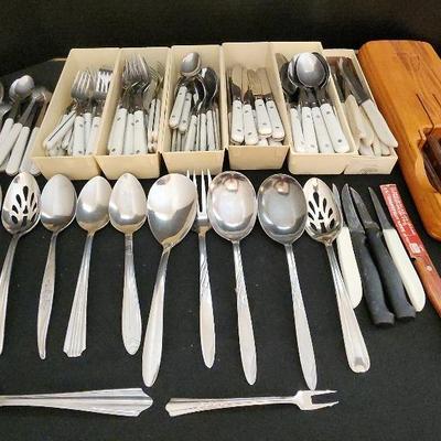 Silverware & Knives: Silverware, Serving Spoons, Flint Hollow Ground Knife Set & Block Holder