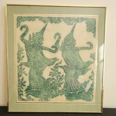 Vintage Thai Rubbing With Green Print Dancers, Custom Gold Finish Frame