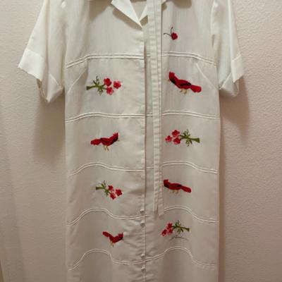 Hand Embroidered Cream Shirt Dress - from Guadalajara Mexico - Red Cardinals on Front 