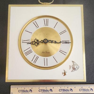 Seth Thomas Hanging Clock, 10" Square, Gold Finish, Fish Decorations, Made in Germany