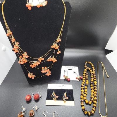 Colorful Jewelry: Coldwater Creek Necklace, Earrings, Stones, Beads, Coral Colors, Browns