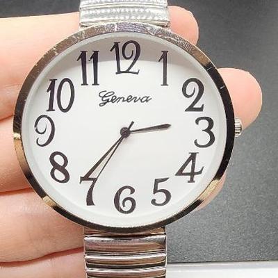 Large Face Geneva Silver Tone Watch, Stainless Steel Back With Extra Batteries 