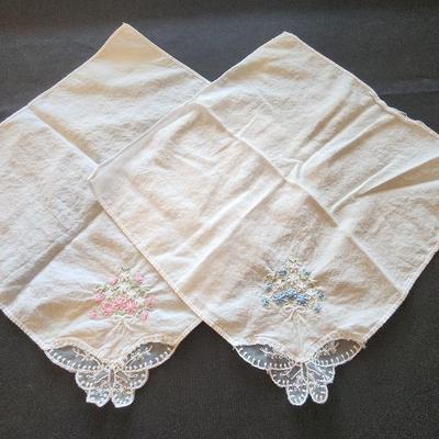 Set Of (2) Vintage White Embroidered 10" Square Handkerchiefs, Pink Flowers, Blue Flowers