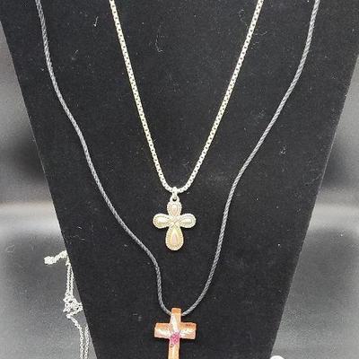 4 Pieces of Religious Jewelry: Cross Necklaces, Bracelet, Silver, Wood, Beads