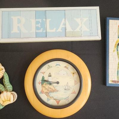 4 Piece Seaside Decor - Lighthouse Clock, Relax Sign, Fish Decor & Wall Art