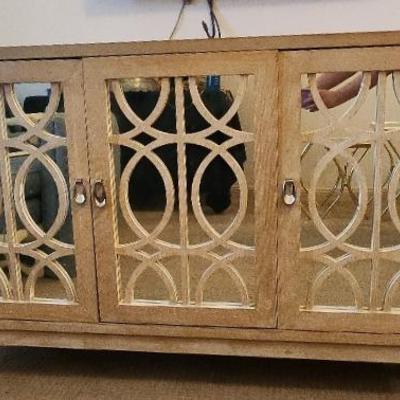 Pier One Credenza, White Wash Finish, 3 Mirrored Doors, Storage With Shelves