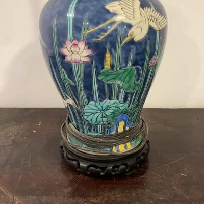 Vintage Blue Ceramic Crane an Lotus Lamp