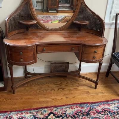 Antique Vanity with Oval Mirror and Wooden Backing